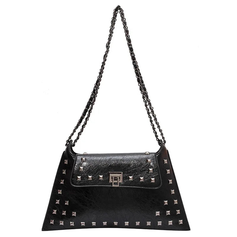 Women's Luxury Designer PU Leather Crossbody Bag Zipper Closure Chain Strap Retro Rivet Messenger Hobo Purse Daily Use