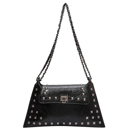 Women's Luxury Designer PU Leather Crossbody Bag Zipper Closure Chain Strap Retro Rivet Messenger Hobo Purse Daily Use