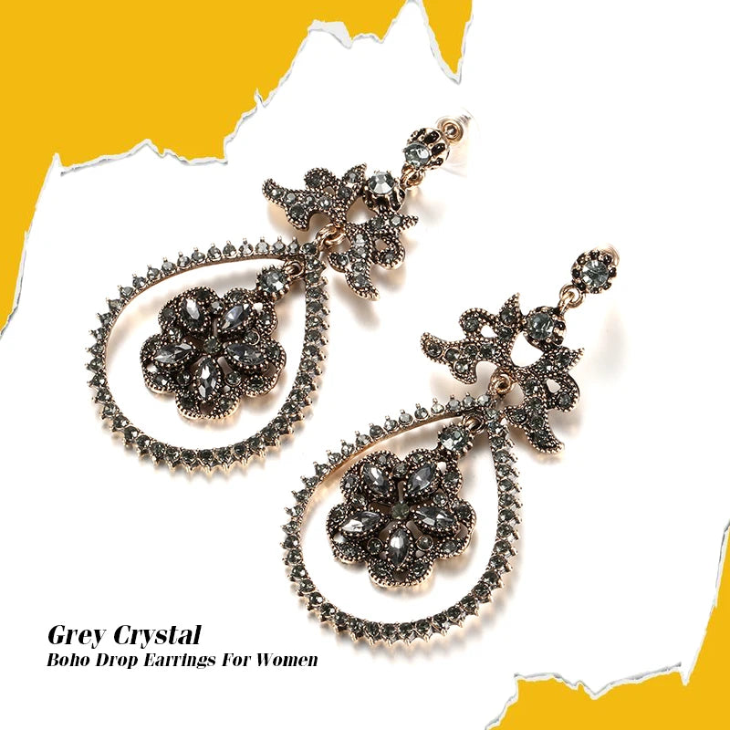 Luxury Gray Crystal Flower Bridal Earrings For Women Antique Gold Beach Party Water Drop Drop Earrings Vintage Jewelry