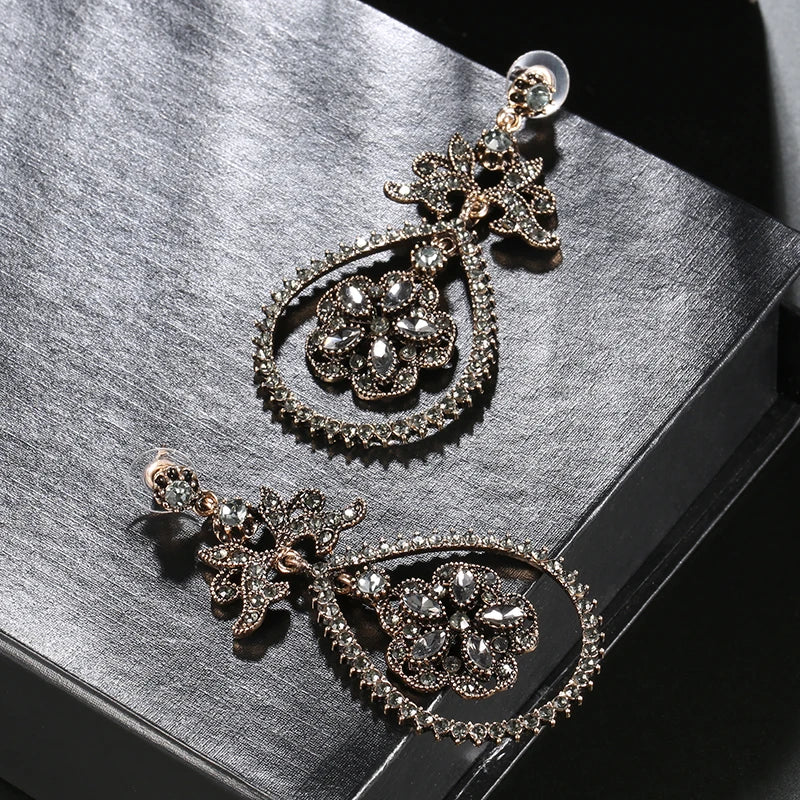 Luxury Gray Crystal Flower Bridal Earrings For Women Antique Gold Beach Party Water Drop Drop Earrings Vintage Jewelry