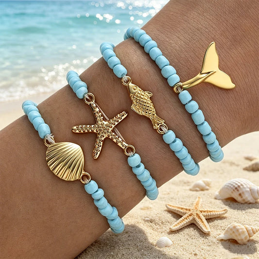 4 Pcs Ocean Themed Beaded Bracelet Set Women Blue Rice Bead Starfish Fish Shell Tail Charm Seaside Beach Vacation Trendy Jewelry