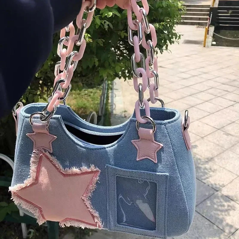 Women's Korean Denim Star Tote Bag – Chain Shoulder & Crossbody Handbag