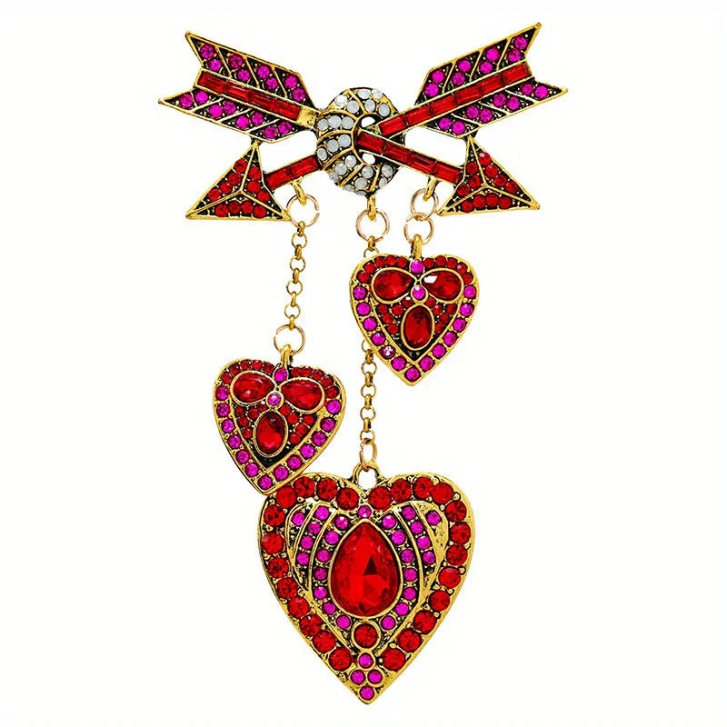 Cupid's Arrow Rhinestone Heart Brooch – Antique Gold Statement Pin