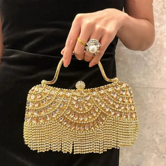 Women's Rhinestone Evening Clutch Bag | Metallic Frame Purse for Wedding & Party