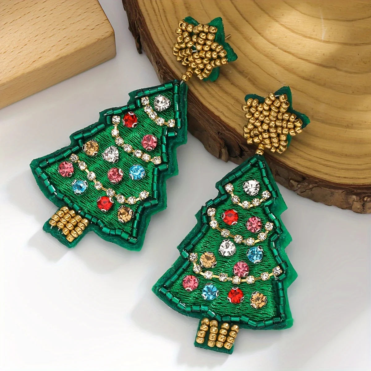 Boho Handmade Beaded Rhinestone Christmas Tree Earrings