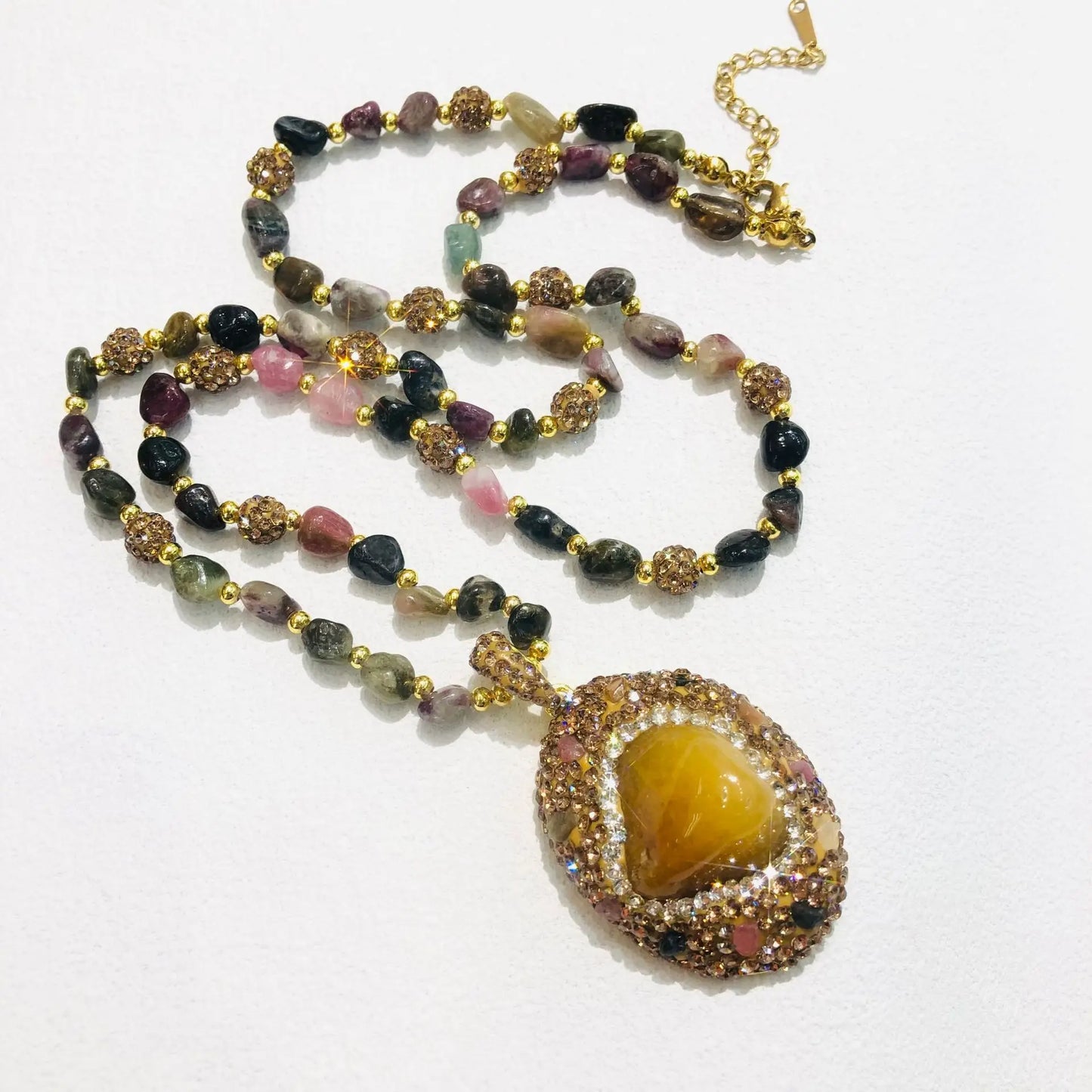 Natural Tourmaline Pendant Necklace - Retro Long Chain Necklace