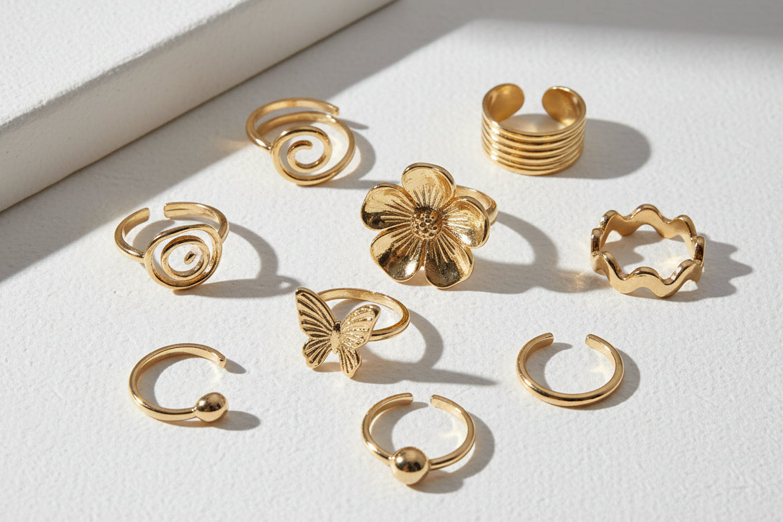 Vintage Gold Ring Set – 8-Piece Bohemian Flower, Shell & Geometric Design