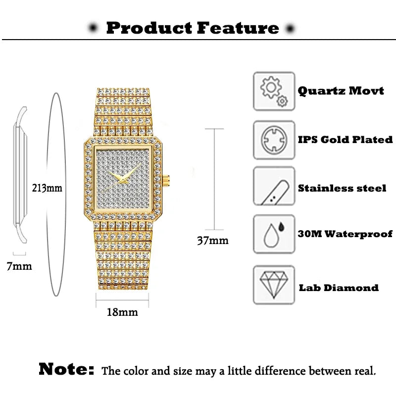 Luxury Gold Women's Watches Fashion Hip Hop Iced Diamond Jewelry Waterproof Square WristWatch Ladies Gift Free Shipping