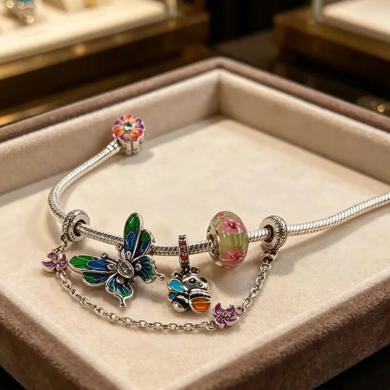 Charms Plants & Insects Flower Bee Butterfly Beads Bracelet Pendant Set Fine 925 Sterling Silver Jewelry Gift Box For Women