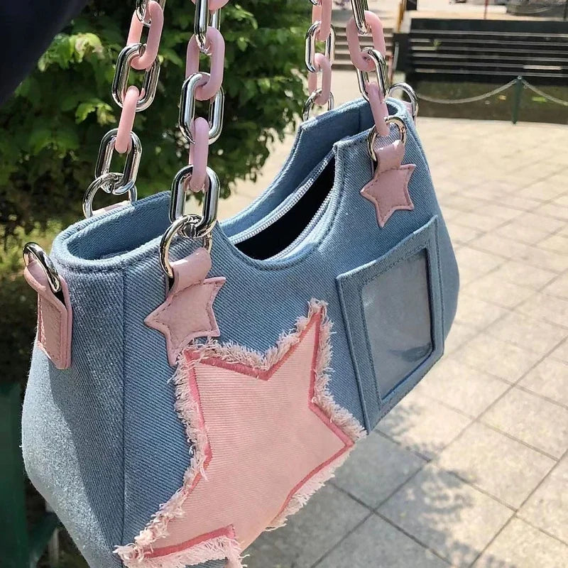 Women's Korean Denim Star Tote Bag – Chain Shoulder & Crossbody Handbag