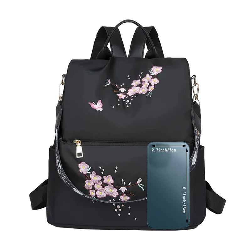 Women's Floral Embroidered Anti-Theft Backpack | Lightweight Nylon Travel Bag