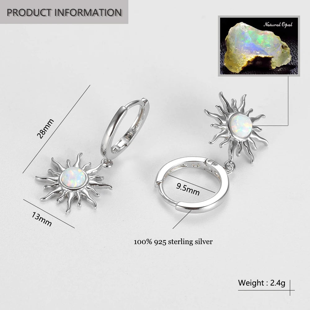 100% 925 Real Sterling Silver Sun Design with Opal Stone Hoop Earrings Gift for Girls Friend Kid Lady Fine Jewelry 2022