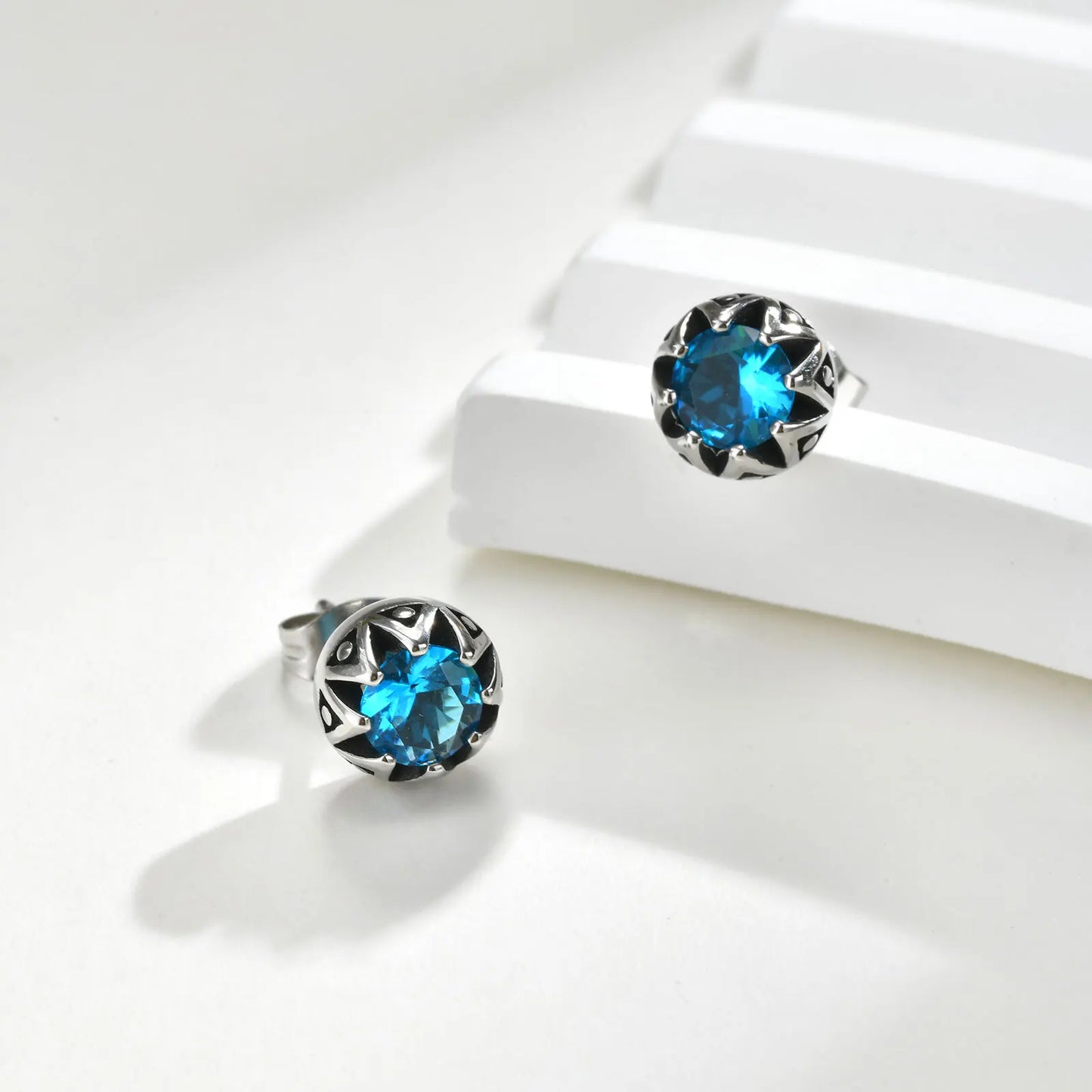 Men's Sea Blue Crystal Stud Earrings – Hypoallergenic Stainless Steel