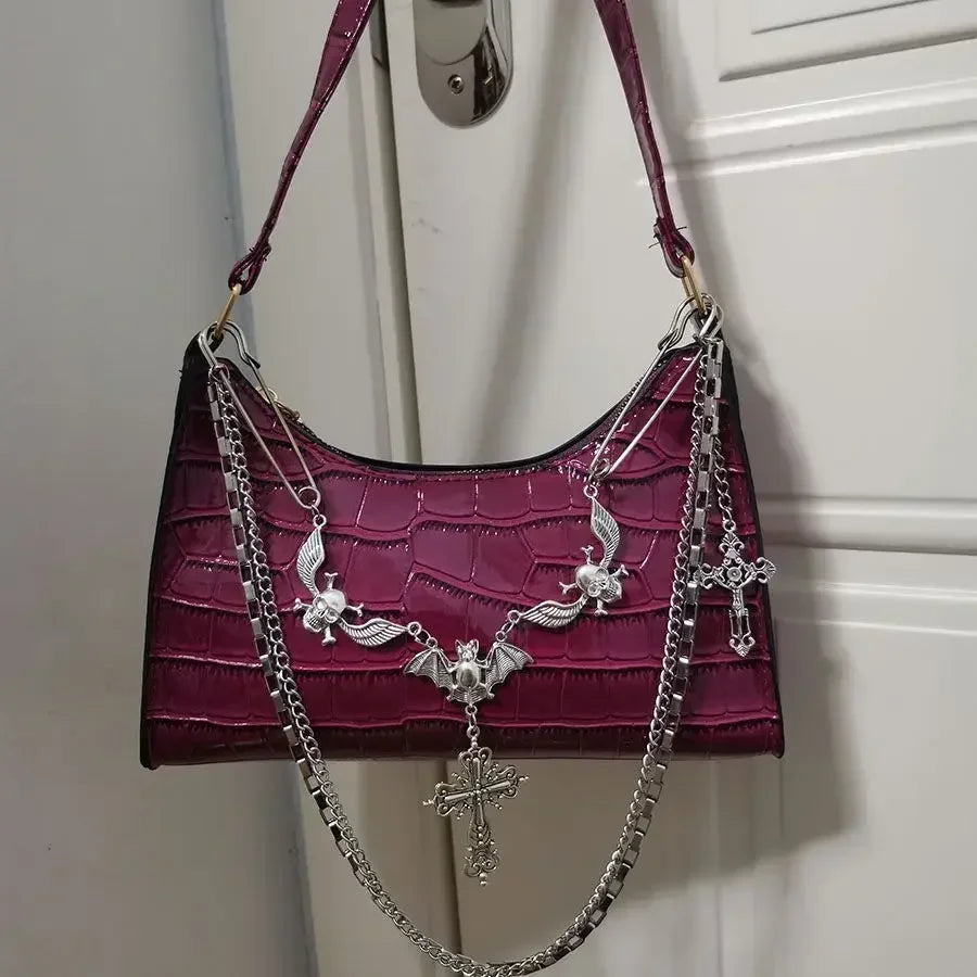 Y2K Gothic Skull Chain Shoulder Bag for Women | Punk Baguette Handbag | Black, Green, Pink, Red