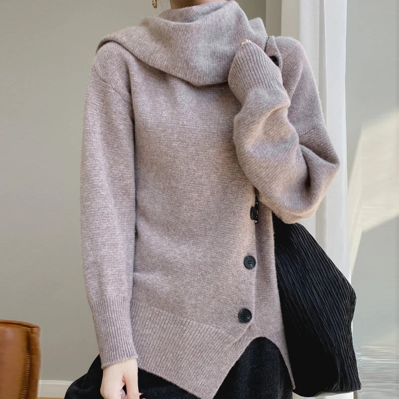 Autumn/Winter New Women's 100% Wool Cashmere Sweater Scarf Tie Button Pullover Loose Korean Fashion Knitted Women's Top