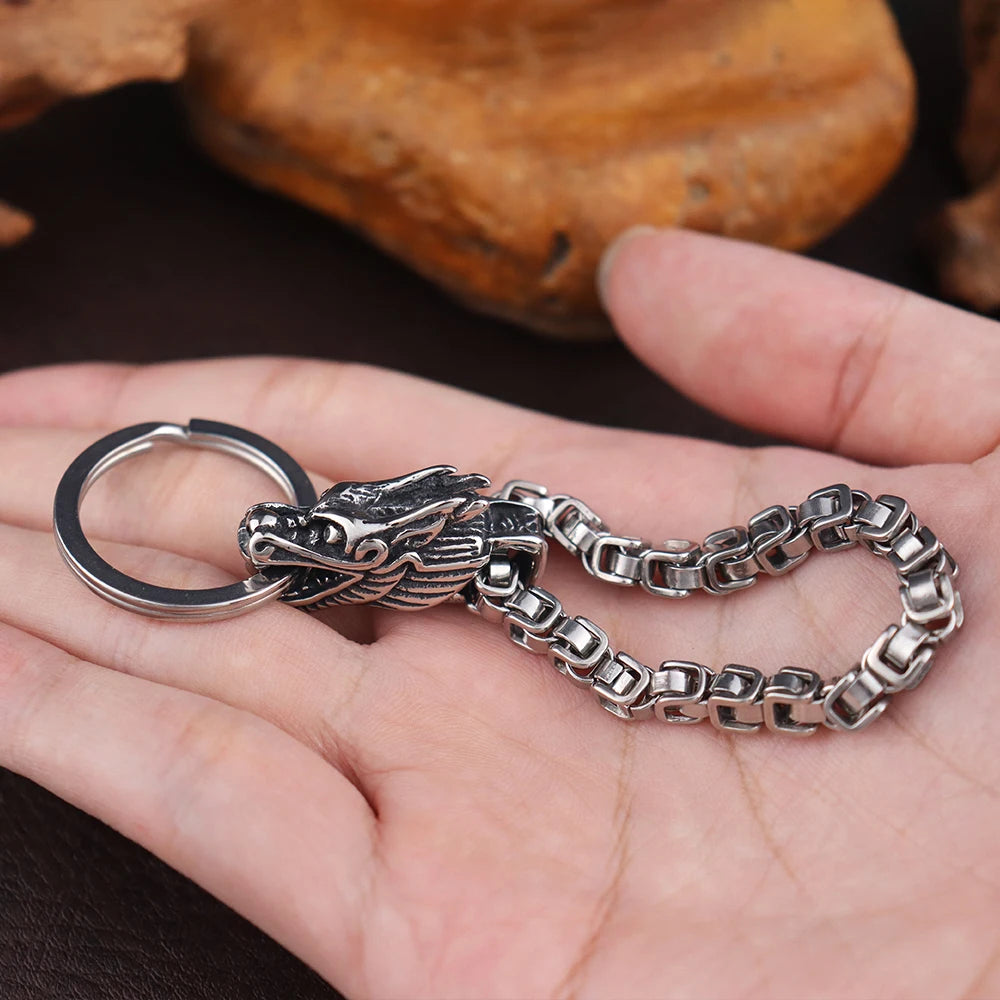 Chinese Dragon Head Stainless Steel Keychain — Viking Style | Men's Gift