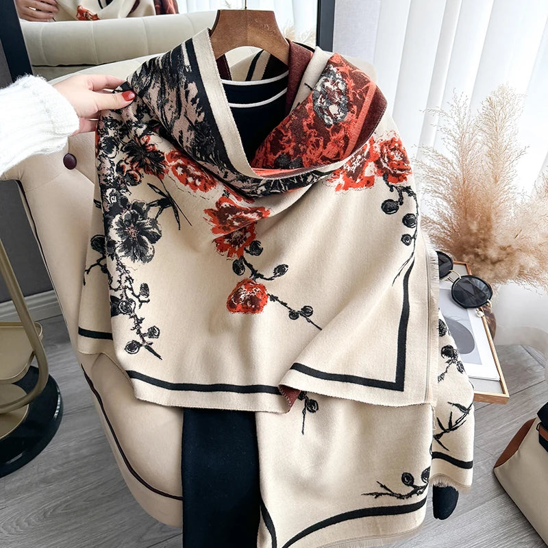 Luxury Brand Women Two-Sided Print Scarf Imitation Cashmere Soft Warm Pashmina Shawl Winter Coldproof Windproof Blanket Scarf