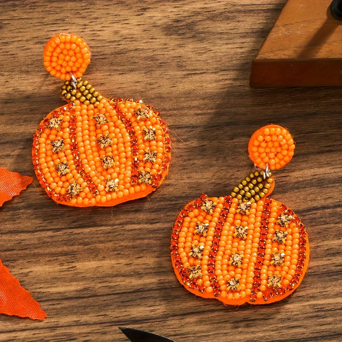 Bohemian Handmade Beaded Rhinestone Pumpkin Earrings,Thanksgiving Halloween Cute Rice Bead Party Women Accessories