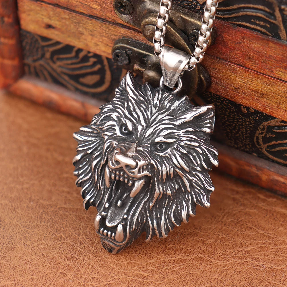 Mens Stainless Steel Lion Pendant Necklace - Viking Biker Style