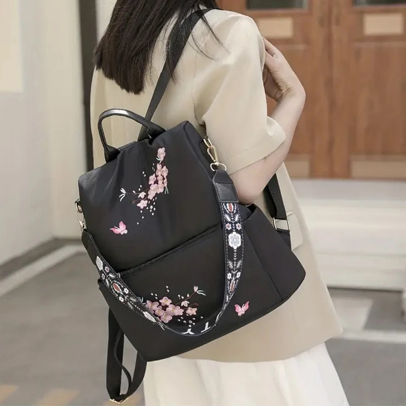 Women's Floral Embroidered Anti-Theft Backpack | Lightweight Nylon Travel Bag