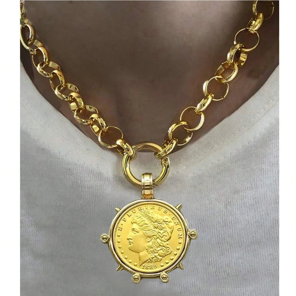 Hyperbole Gothic Cuban Chunky Necklace for Women Vintage Queen Coin Pendant Necklace Statement Hip hop Jewelry
