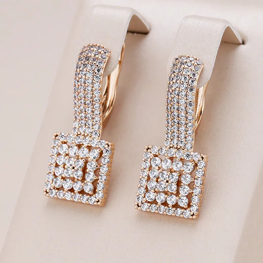 Hot Full Natural Zircon Daily Party Big Earring for Women 585 Rose Gold Color Square Ethnic Bride Vintage Wedding Jewelry