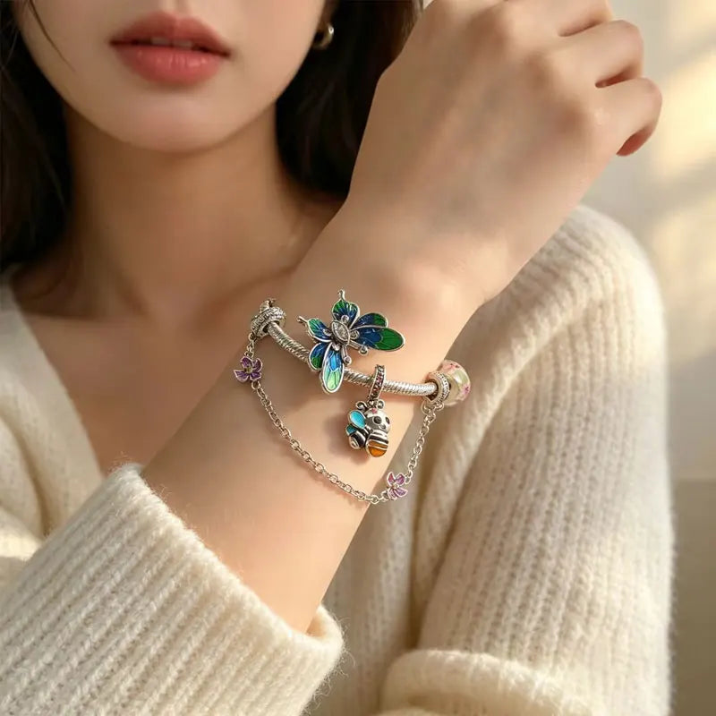 Charms Plants & Insects Flower Bee Butterfly Beads Bracelet Pendant Set Fine 925 Sterling Silver Jewelry Gift Box For Women