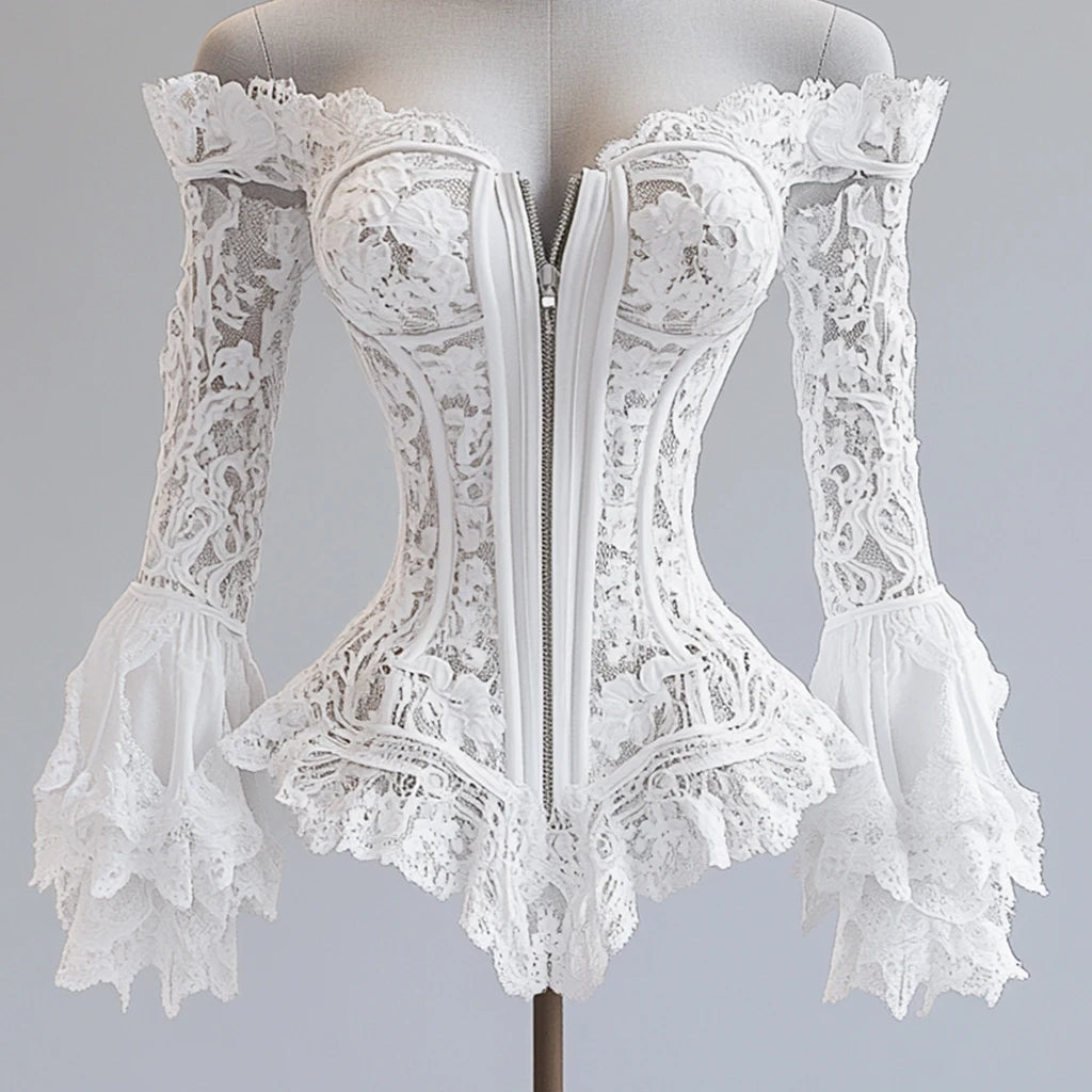 Off Shoulder Lace Blouse Flare Sleeve Zipper Fly Solid Elegant Chic Sexy Hollow Out Long Sleeve Tops Irregular Hem Top