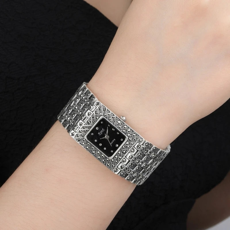 BOCAI S925 Sterling Silver Bracelets for Women Men New Fashion Vintage Mosaic Stone Watchstrap Square Wristwatch Free Shipping