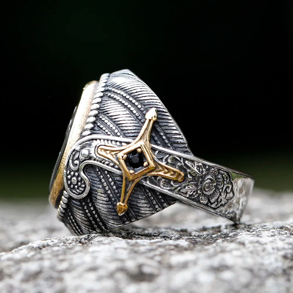 316L Stainless Steel Turkish Signet Ring | Zircon Stone Ethnic Style Jewelry for Men