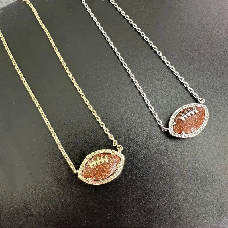 Orange Goldstone Football Short Pendant Necklace, Fashion Jewelry, Unique Gifts