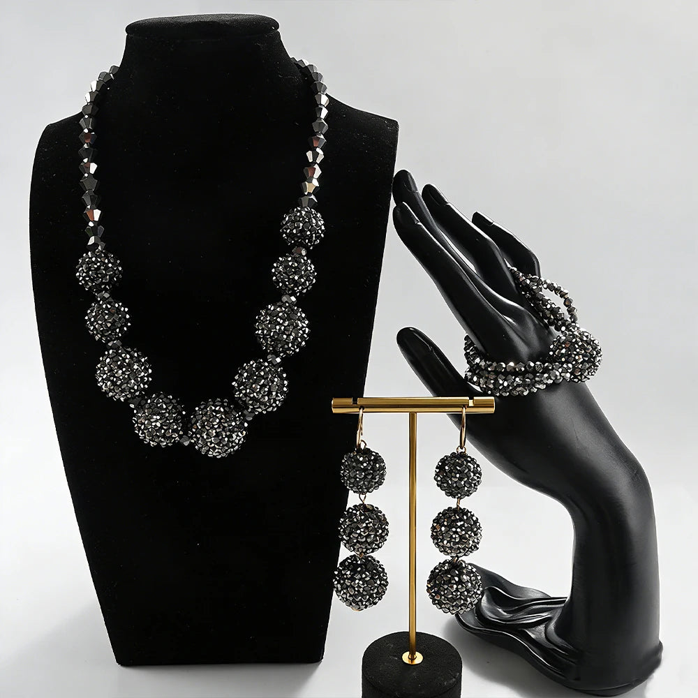 3-Piece Gunmetal Crystal Ball Jewelry Set - Chunky Paved Shamballa Ball Necklace, Drop Earrings & Bracelet - Sparkling Formal