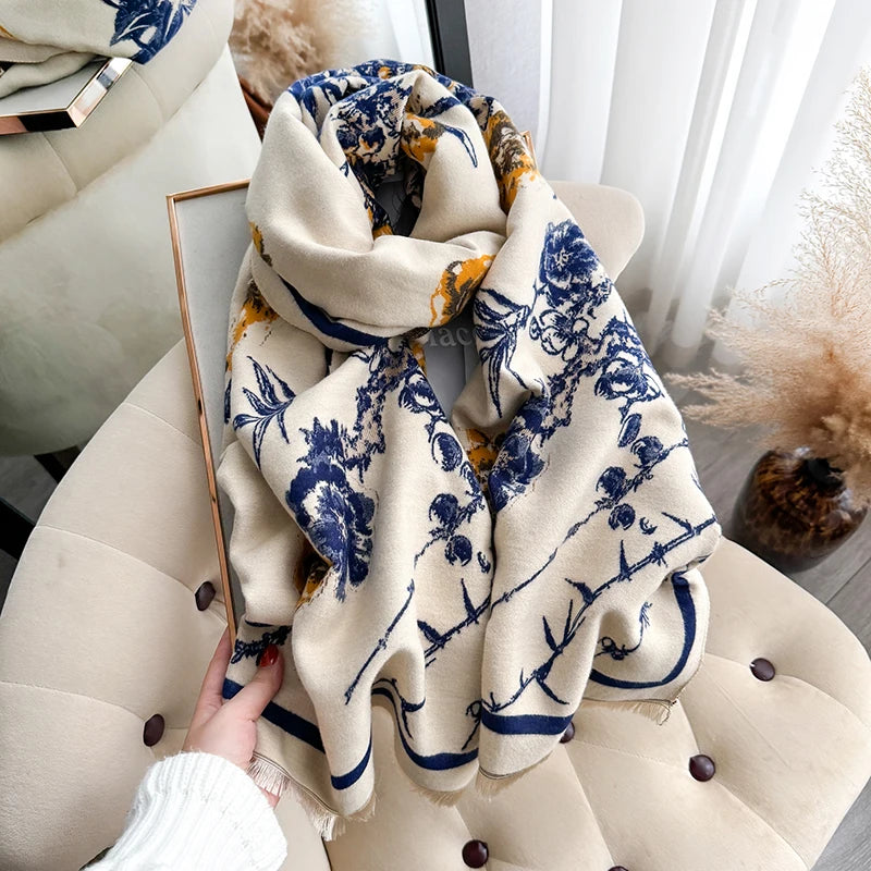 Luxury Brand Women Two-Sided Print Scarf Imitation Cashmere Soft Warm Pashmina Shawl Winter Coldproof Windproof Blanket Scarf