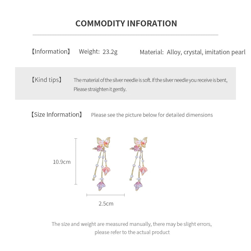 Pink Butterfly Tassel Earrings - Sparkly Crystal Drop Earrings