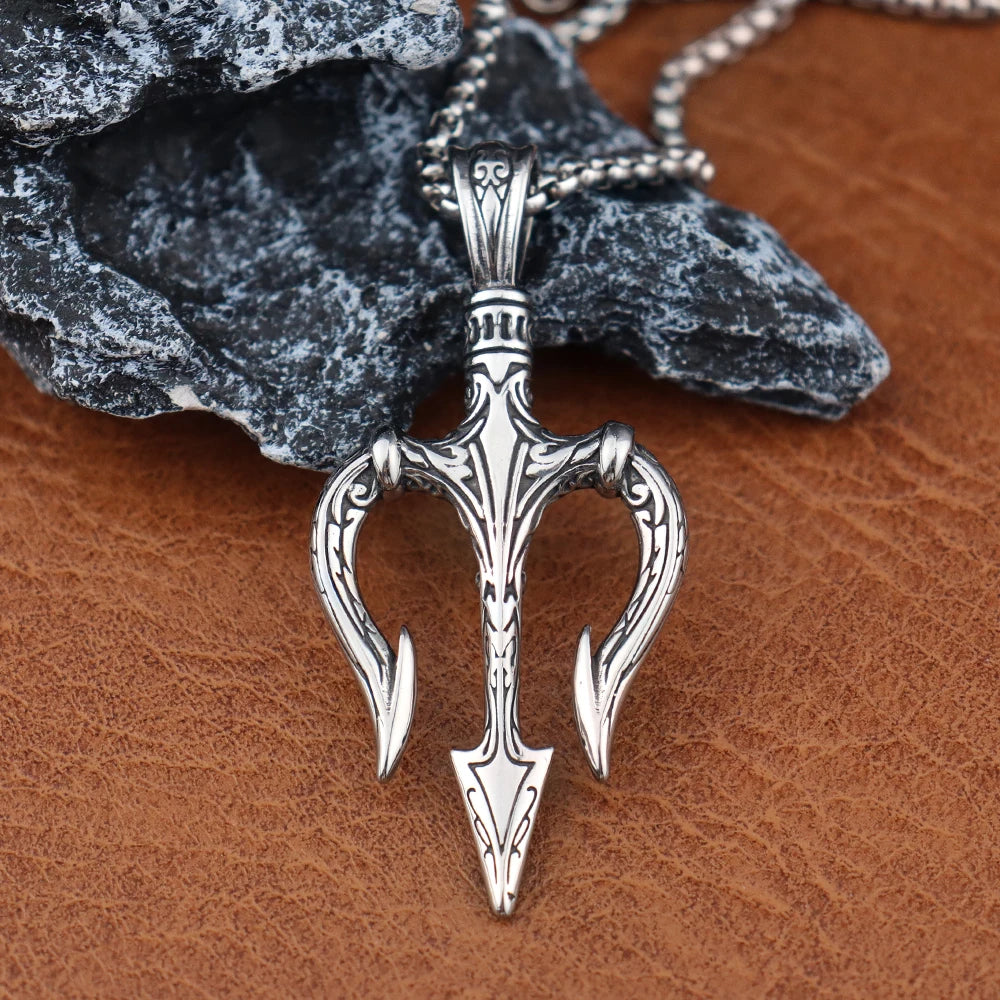 Poseidon's Trident Pendant - Stainless Steel Viking Warrior Necklace
