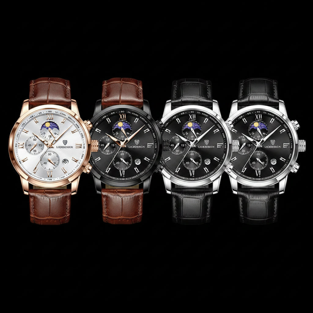 LIGE Men's Luxury Chronograph Watch | Moon Phase | Leather Band | Quartz Movement