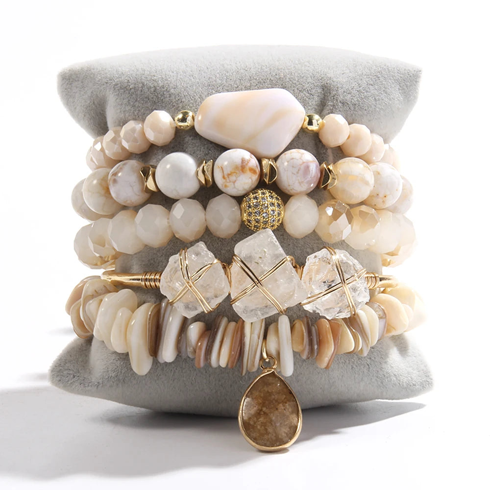 Natural Stone Beaded Bracelet Set - 5 Piece Bohemian Stack