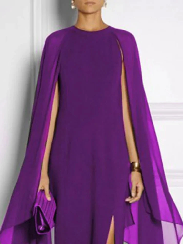 Elegant Cape Sleeves Purple Evening Dresses Solid Color Split-side Party Banquet Dress