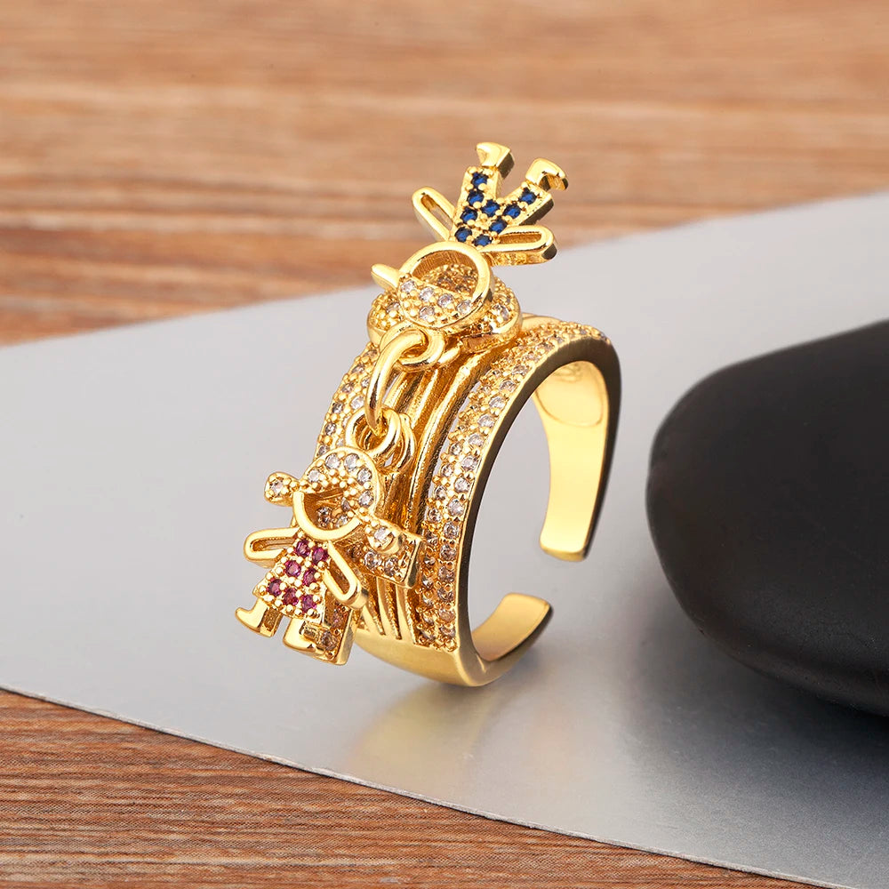 Women's Gold Plated Family Charm Ring – Adjustable