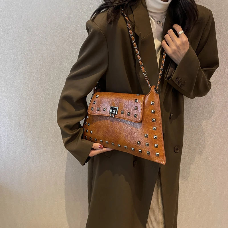 Punk Studded Envelope Shoulder Bag for Women | Rivet Chain Crossbody Handbag | Black & Chocolate