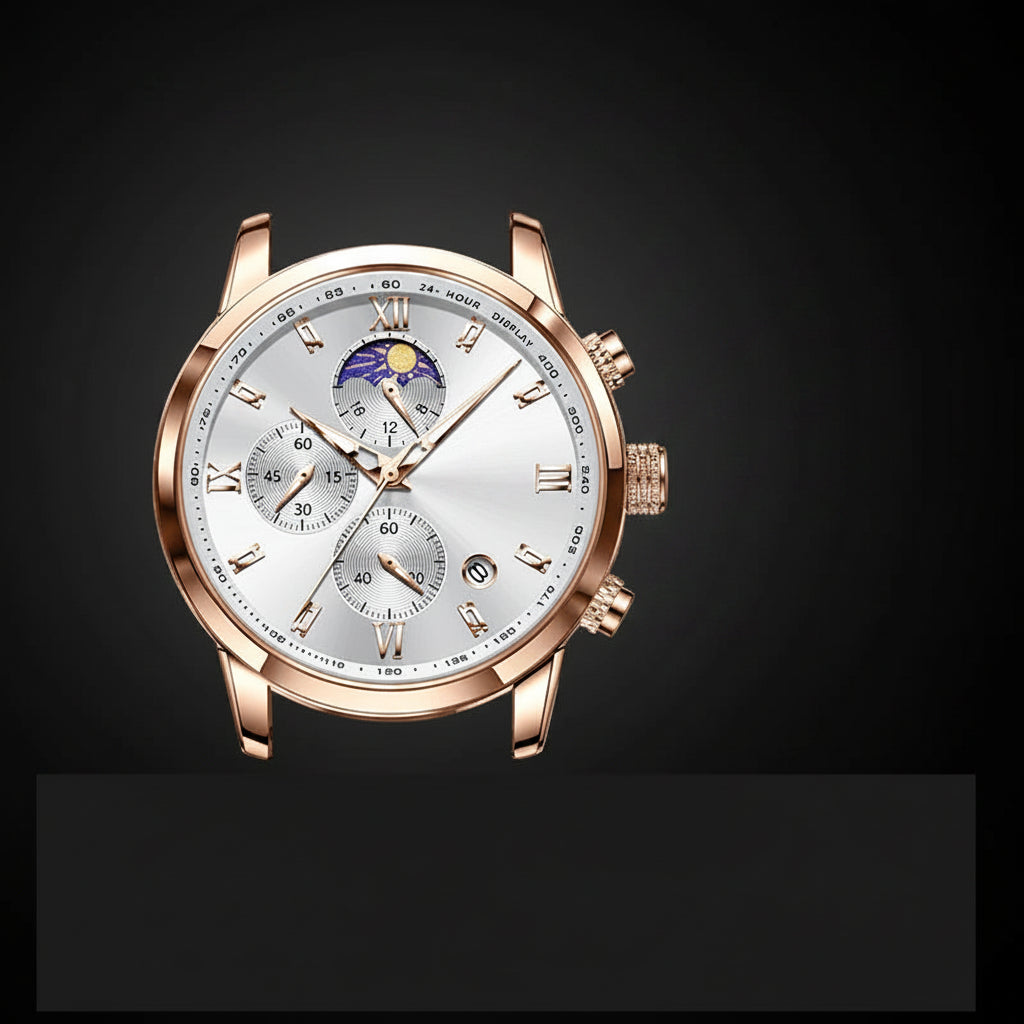 LIGE Men's Luxury Chronograph Watch | Moon Phase | Leather Band | Quartz Movement