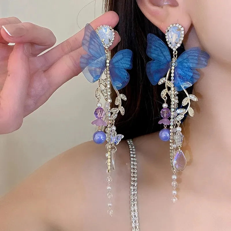 Butterfly Pearl Drop Earrings with Crystal Tassel