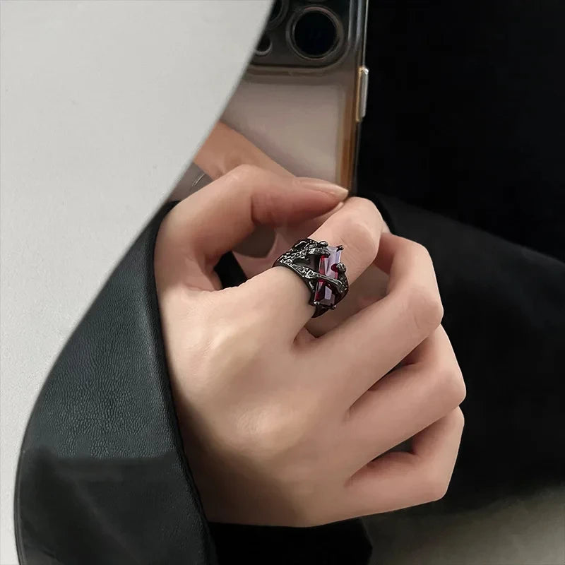 Punk Black Thorns Ring with Rhinestones | Open Adjustable Couple Ring