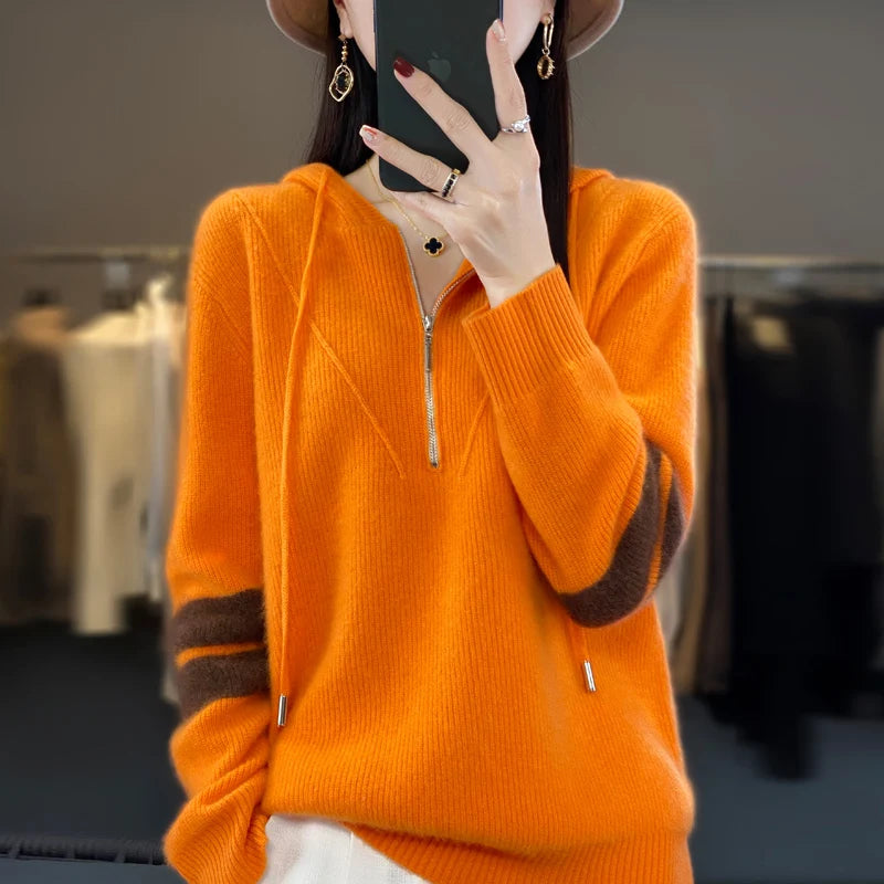 Autumn and Winter New Women's Cashmere Sweater 100% Wool Hoodie Knitted Pullover Loose Korean Fashion Thickened Top