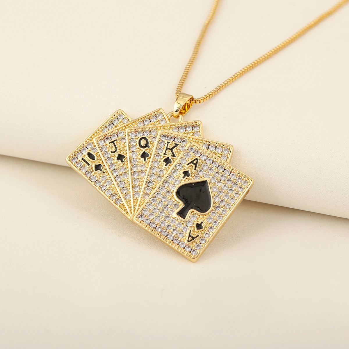 Gold Poker Playing Cards Pendant Necklace with Crystal Zircon