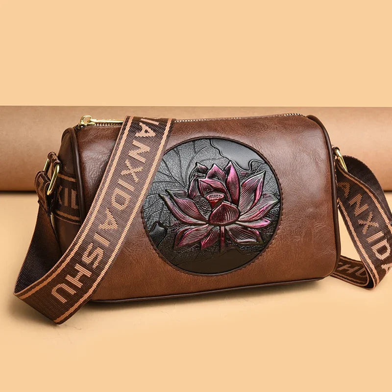 Lotus Embossed Barrel Shoulder Bag | Soft PU Leather Crossbody Purse | Women's Boho Handbag | 3 Colors