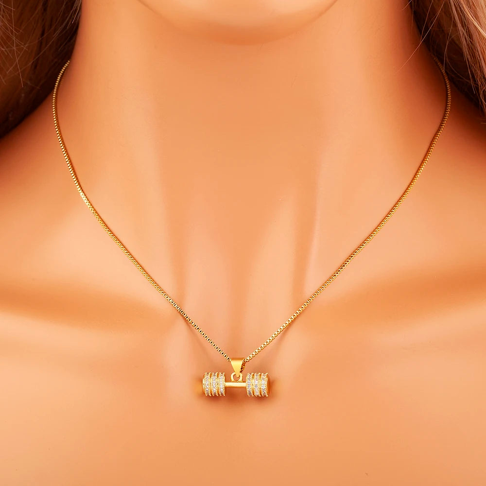Gold Dumbbell Charm Pendant Necklace with Crystal Zircon