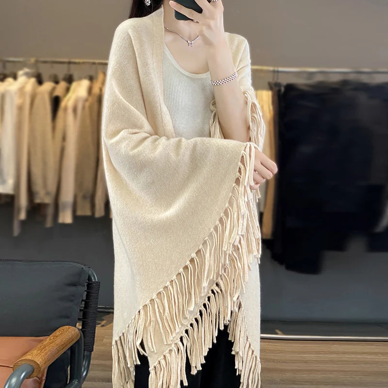 Knitted Cashmere Cardigan 100% Wool Sweater Women's Autumn/Winter New Solid Color Jacket Loose Korean Fashion Knitted Wool Shawl