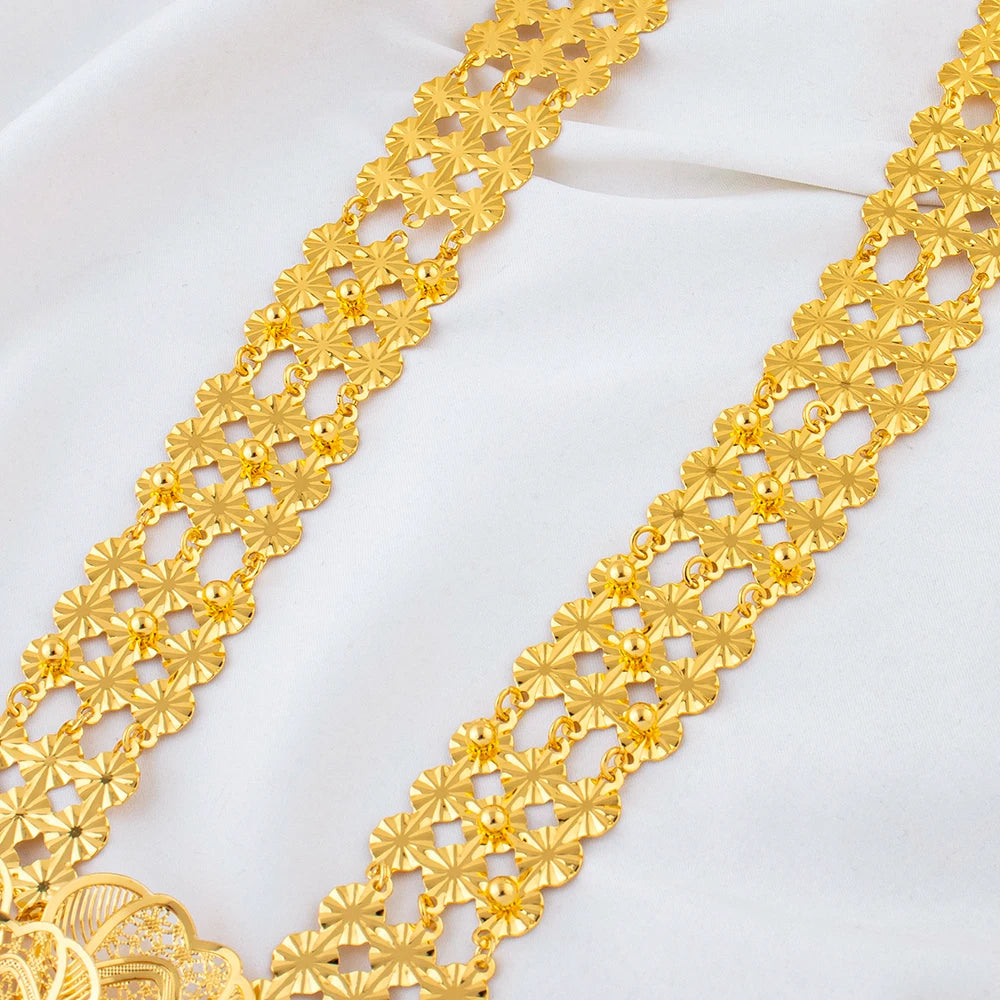 24K Gold Plated Double Layer Flower Tassel Necklace & Earrings Set | Dubai African Bridal Jewelry