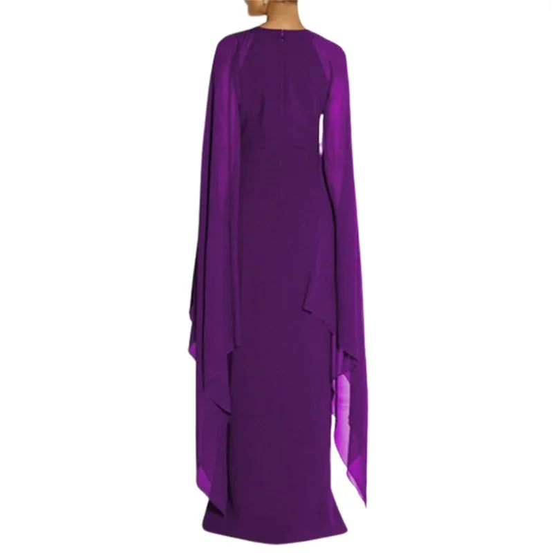 Elegant Cape Sleeves Purple Evening Dresses Solid Color Split-side Party Banquet Dress